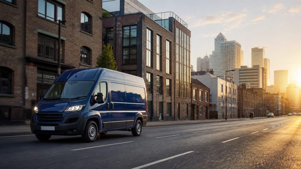Destiny Couriers dedicated blue van travelling through East London