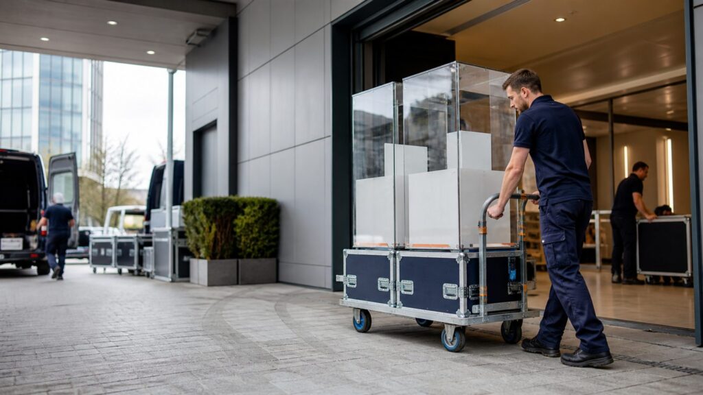 Destiny Couriers event courier moving protected exhibition equipment at a London venue