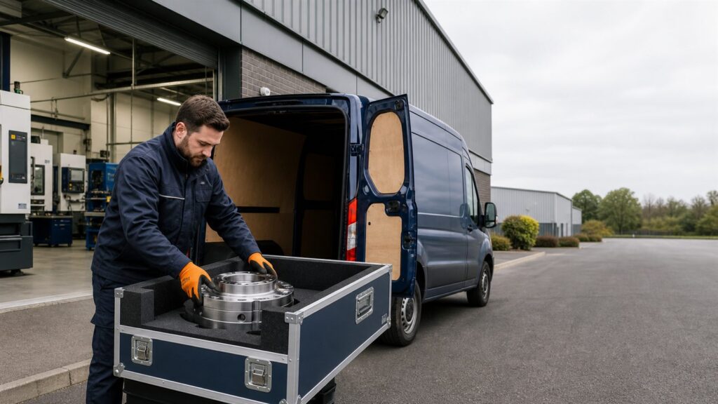 Destiny Couriers engineering courier loading a protected component into a dedicated van
