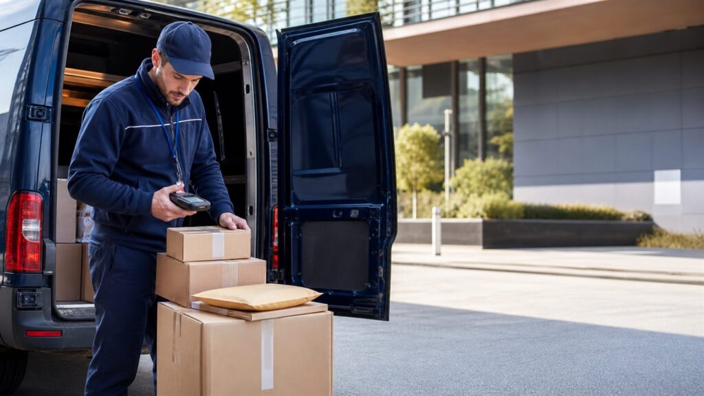 Destiny Couriers parcel courier scanning international shipments beside a dedicated van