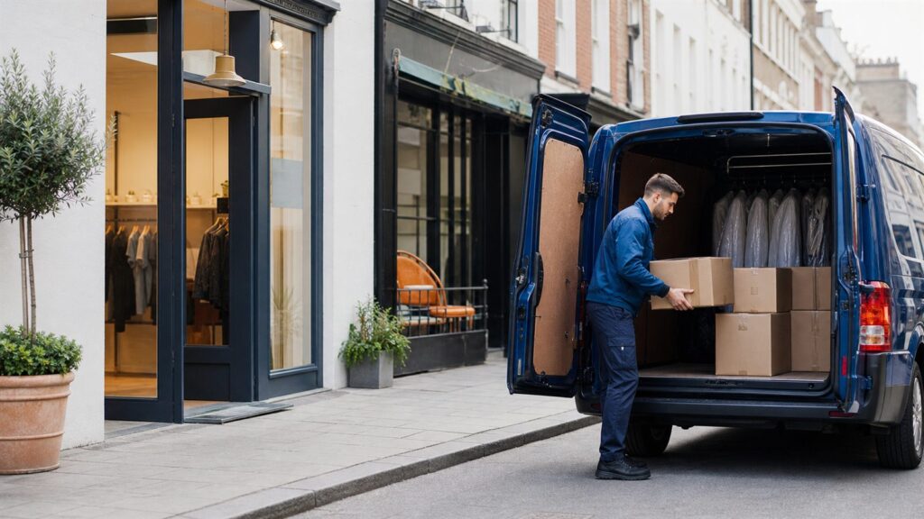 Destiny Couriers retail courier loading customer orders outside a London shop